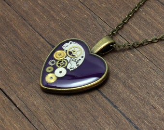 Purple Steampunk heart pendant, Steampunk heart necklace, Heart pendant, Heart necklace, Watch Parts pendant, Watch parts necklace