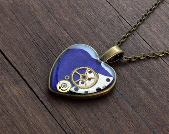 Blue Steampunk heart pendant, Steampunk heart necklace, Heart pendant, Heart necklace, Watch Parts pendant, Watch parts necklace