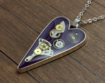 Purple Steampunk heart pendant, Silver Steampunk heart necklace, Heart pendant, Heart necklace, Watch Parts pendant, Watch parts necklace