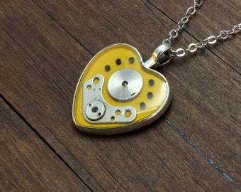 Yellow Steampunk heart pendant, Steampunk heart necklace, Heart pendant, Heart necklace, Watch Parts pendant, Watch parts necklace