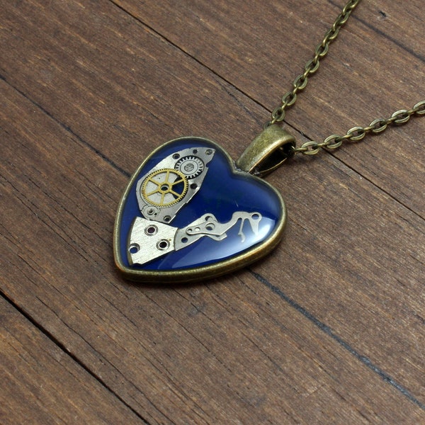 Blue Steampunk heart pendant, Steampunk heart necklace, Heart pendant, Heart necklace, Watch Parts pendant, Watch parts necklace