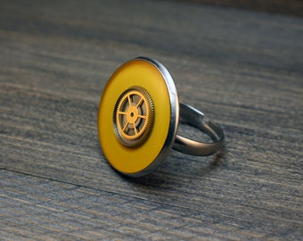 Steampunk Ring, Watch Ring, stainless steel ring, Watch Parts Ring, Adjustable Ring, Gears ring, yellow ring, adjustable ring, Resin ring