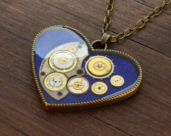 Steampunk heart pendant, Steampunk blue necklace, blue Heart pendant, blue Heart necklace, Watch Parts pendant