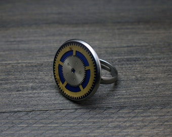 Steampunk Ring, Watch Ring, stainless steel ring, Watch Parts Ring, Adjustable Ring, Gears ring, Blue ring, adjustable ring, Resin ring