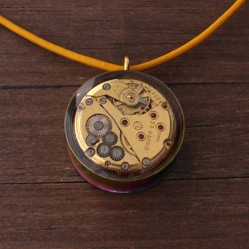 Colorful Steampunk pendant, Steampunk necklace, Watch pendant, Watch Parts pendant, Watch parts necklace, unique pendant, Round pendant GOLD / RAINBOW