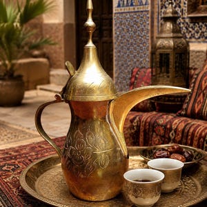 Vintage Middle Eastern Engraved Brass Dallah Coffee or Tea Pot Ewer Pitcher
