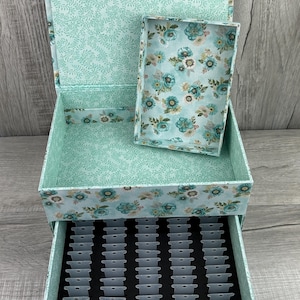 Fabric Storage Box with Hinged Lide, Tray and Drawer - Floss Organizer - Cross Stitch Organizer - Cartonnage