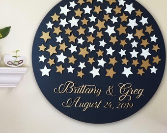 Wedding guest book alternative round 3D wood personalized guest book with stars, wedding keepsake, home decor, engagement, anniversary gift