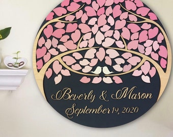 Guest book alternative round 3D wood sign with personalized names and date and pink ombre leaves, families come as one, family trees join