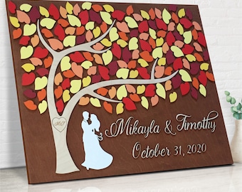 Fall 3D wood wedding guestbook alternative sign in with couple, personalized names and leaf hearts to sign, in autumn colors
