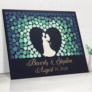 3D wood wedding guest book alternative unique wedding sign in with couple embracing and blue, teal, turquoise, aqua ombre hearts to sign