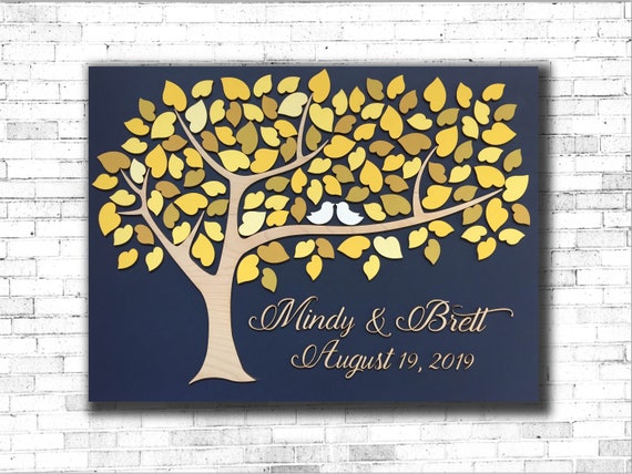 Guest book alternative made with 3d wood tree of hearts with yellow, ochre and fall shades used as wedding sign in and event keepsake Il_570xn