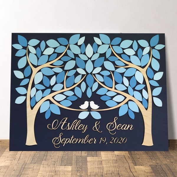 3D Wedding Guest Book Alternative Wood Two Families Become One Unique Wedding Tree Guest Book Blue Sign In Guestbook Alternative