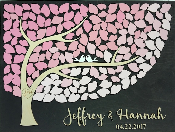Guest book alternative wood wedding sign with 3D gradient pink blush tree of hearts Il_570xn