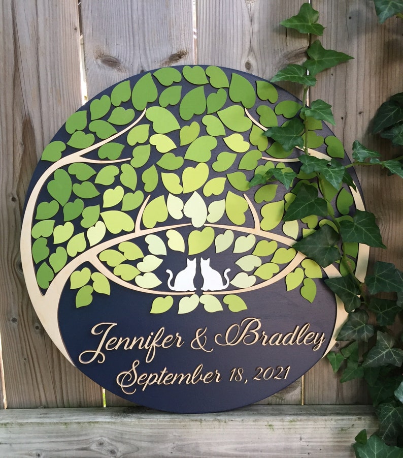 Cats guest book alternative round 3D wood sign with personalized names and date and fresh green ombre leaves, unique custom cats guestbook image 2