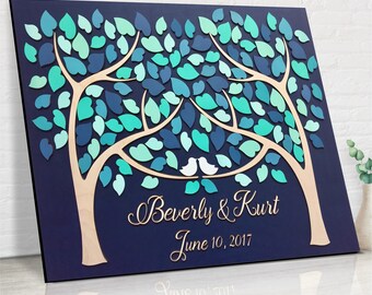 3D Wood Wedding Guest Book Alternative: Tree of Hearts, Teal & Aqua Decor