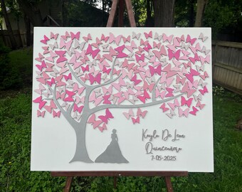 Personalized Quinceanera Guest Book Alternative: Wooden Tree of Wishes with Butterflies