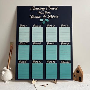 May include: Navy blue seating chart with the text "Seating Chart Head Table Yvonne & Robert". The chart has 12 teal-colored table cards. Decorative wooden house and vase with paintbrushes are on the sides.