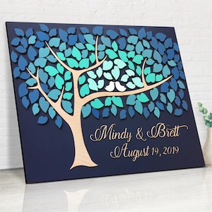 Guest book alternative with wood heart tree and blue ombre, turquoise, teal, aqua leaves, personalized guestbook wedding sign