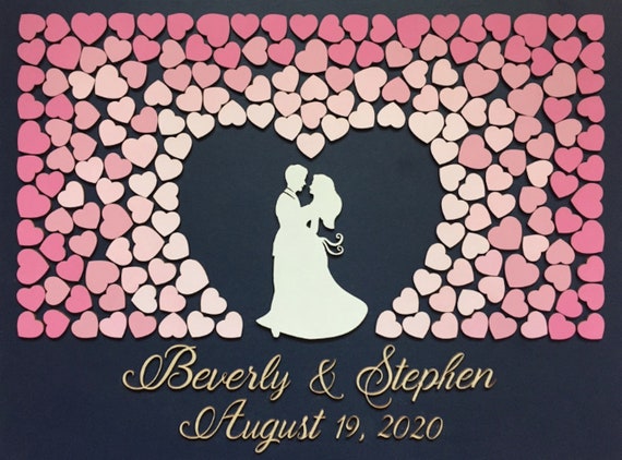 3D wood wedding guest book alternative unique wedding sign in with couple embracing and pink, cherry blossom, blush hearts to sign Il_570xn