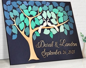 Peacock wedding guest book alternative made in 3d wood gift for newly engaged, wedding anniversary gift