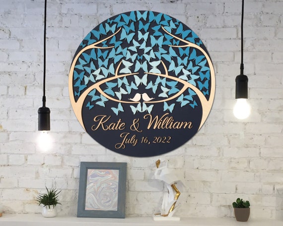 Butterflies guest book alternative with 3D signing pieces, round guest book sign for wedding and home decor with gradient blue butterflies Il_570xn