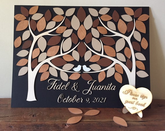 3D wood wedding guest book alternative unique wedding sign in and love birds and leaves to sign with customizable colors Il_570xn