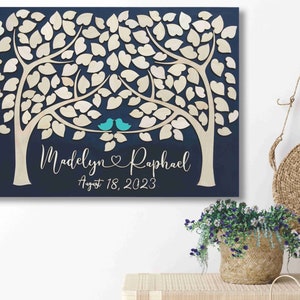 wedding guest book alternative with two trees shown on an entryway wall. SignYouStyle on Etsy