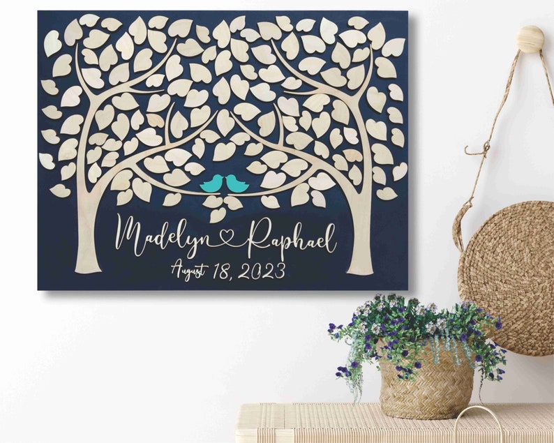 wedding guest book alternative with two trees shown on an entryway wall. SignYouStyle on Etsy