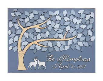 Last name 3D guestbook with deer, tree of hearts, wedding or anniversary custom made sign in guest book, wedding keepsake with doe and buck