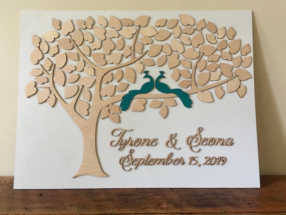 Peacock wedding guest book alternative 3d wood guest sign in with teal peacocks, unique wedding guestbooks Il_570xn