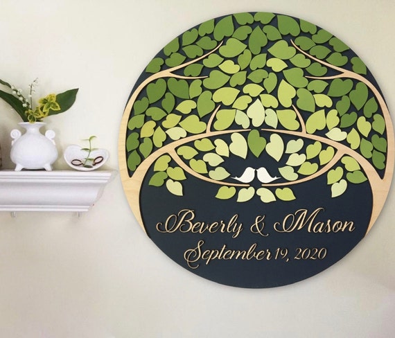 Guest book alternative round 3D wood sign with personalized names and date and fresh green ombre leaves, unique custom guestbook wall decor Il_570xn