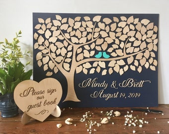 Unique guest book alternative made in 3d wood with tree and hearts for navy wedding decor or wedding anniversary