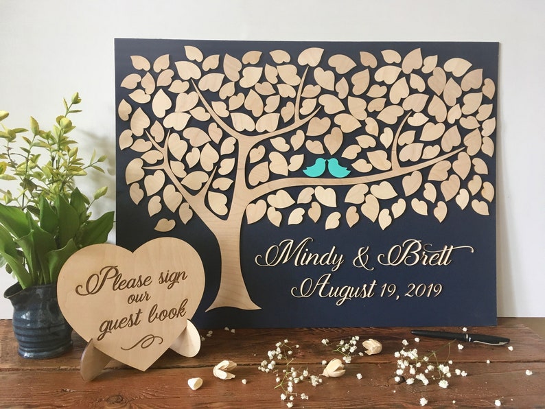 Unique guest book alternative made in 3d wood with tree and hearts for navy wedding decor or wedding anniversary 