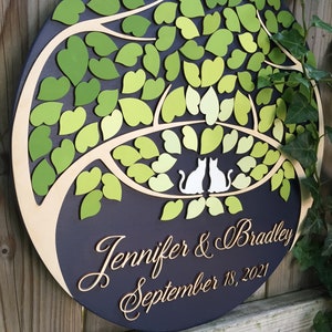 Cats guest book alternative round 3D wood sign with personalized names and date and fresh green ombre leaves, unique custom cats guestbook image 4