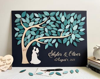 Personalized 3D Wedding Guest Book Alternative: Wooden Couple & Leaves Sign