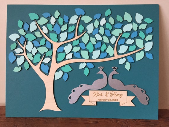 Peacock wedding guest book alternative 3d wood guest sign in with silver peacocks and blue shades unique wedding guestbooks Il_570xn