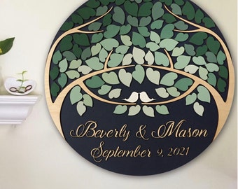 Guest book alternative round 3D wood sign with personalized names and date and green ombre leaves, unique custom guestbook wall decor