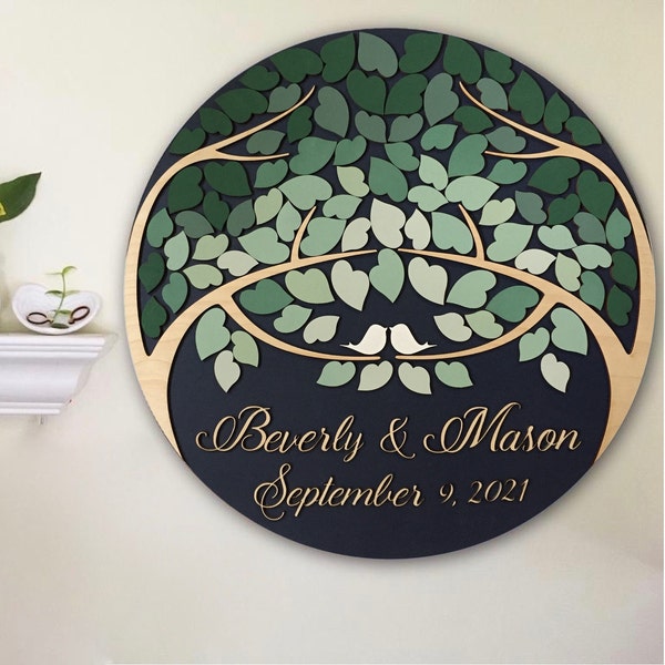 Guest book alternative round 3D wood sign with personalized names and date and green ombre leaves, unique custom guestbook wall decor