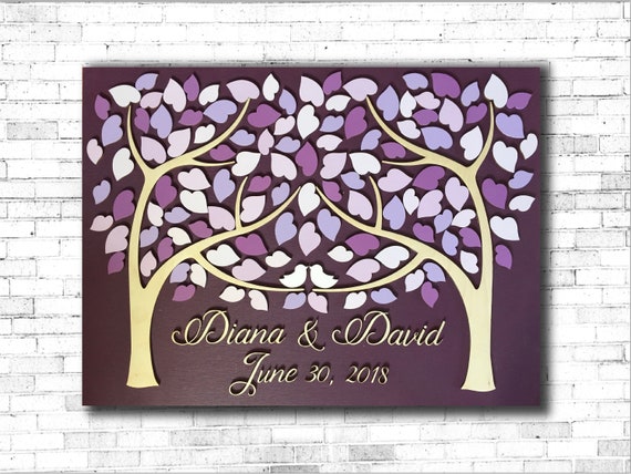 Guestbook alternative 3D guest book with a two wood trees of in purple, violet, lavender, lilac hearts like two families growing into one Il_570xn