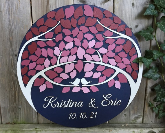 Guest book alternative round 3D wood sign with personalized names and date and burgundy pink ombre leaves, families come as one Il_570xn