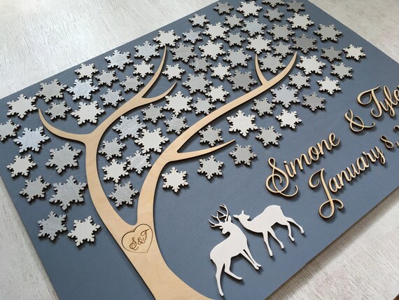 Winter 3D guestbook with deer, tree of snowflakes, wedding or anniversary custom made sign in guest book, wedding keepsake with doe and buck Il_570xn