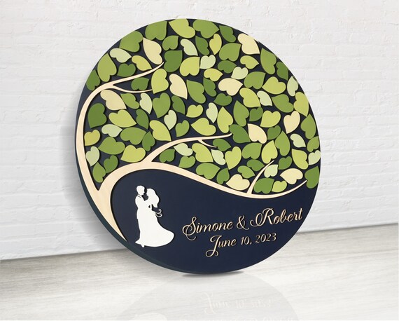 Guest book alternative for wedding or anniversary made with one tree, embracing couple and personalized names and colors Il_570xn