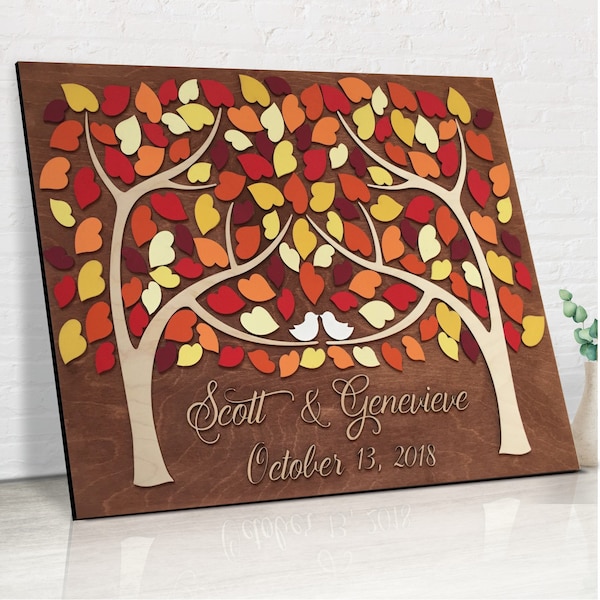 3D Wedding Guest Book Alternative Made of Wood in Yellow, Orange, Red, Burgundy Autumn or Fall Weddings