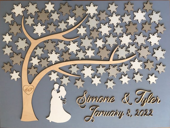 Winter 3D guestbook with fairytale couple tree of snowflakes, wedding, anniversary custom made sign in guest book, winter fairytale wedding Il_570xn