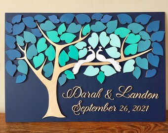 Peacock wedding guest book alternative made in 3d wood gift for newly engaged, wedding anniversary gift
