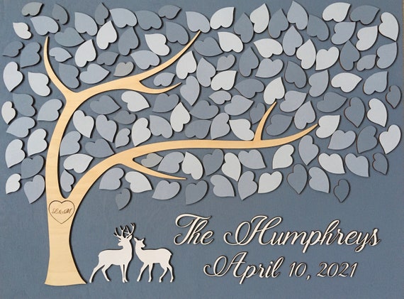 Last name 3D guestbook with deer, tree of hearts, wedding or anniversary custom made sign in guest book, wedding keepsake with doe and buck Il_570xn