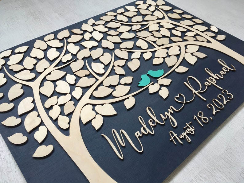 Guest book alternative tree of life personalized with names, date and wedding colors made in 3D wood image 3