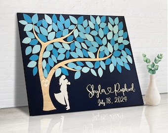 Wedding guest book alternative, 3D wood wedding welcome sign with couple, personalized names and leaves to sign, custom newly engaged gift