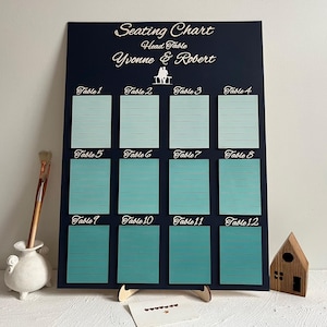 Könnte beinhalten: Marineblaue Hochzeits-Sitzordnung mit dem Text "Seating Chart Head Table Yvonne & Robert". Die Tafel hat 12 Tischkarten in Blau- und Grüntönen. Ein Holzständer und dekorative Gegenstände befinden sich im Vordergrund.
